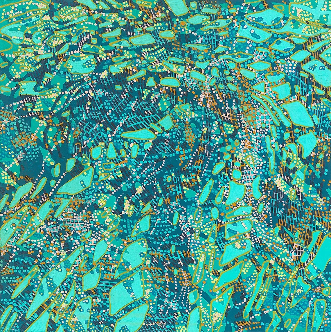 abstract painting of dots, dashes, and solid patterns in greens and blues with orange and pink highlights