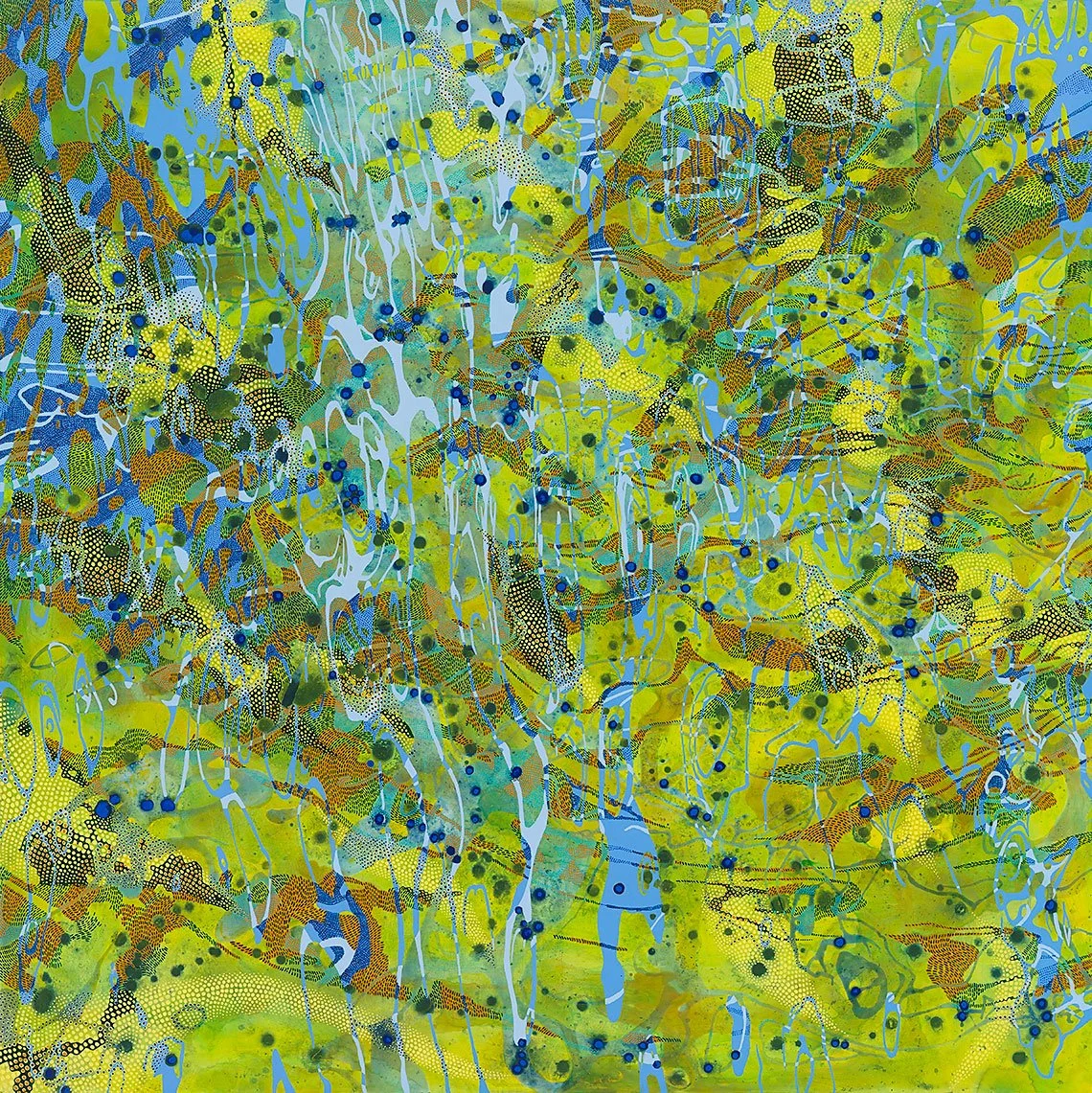 abstract painting with patterns and dots in green with blue and orange highlights