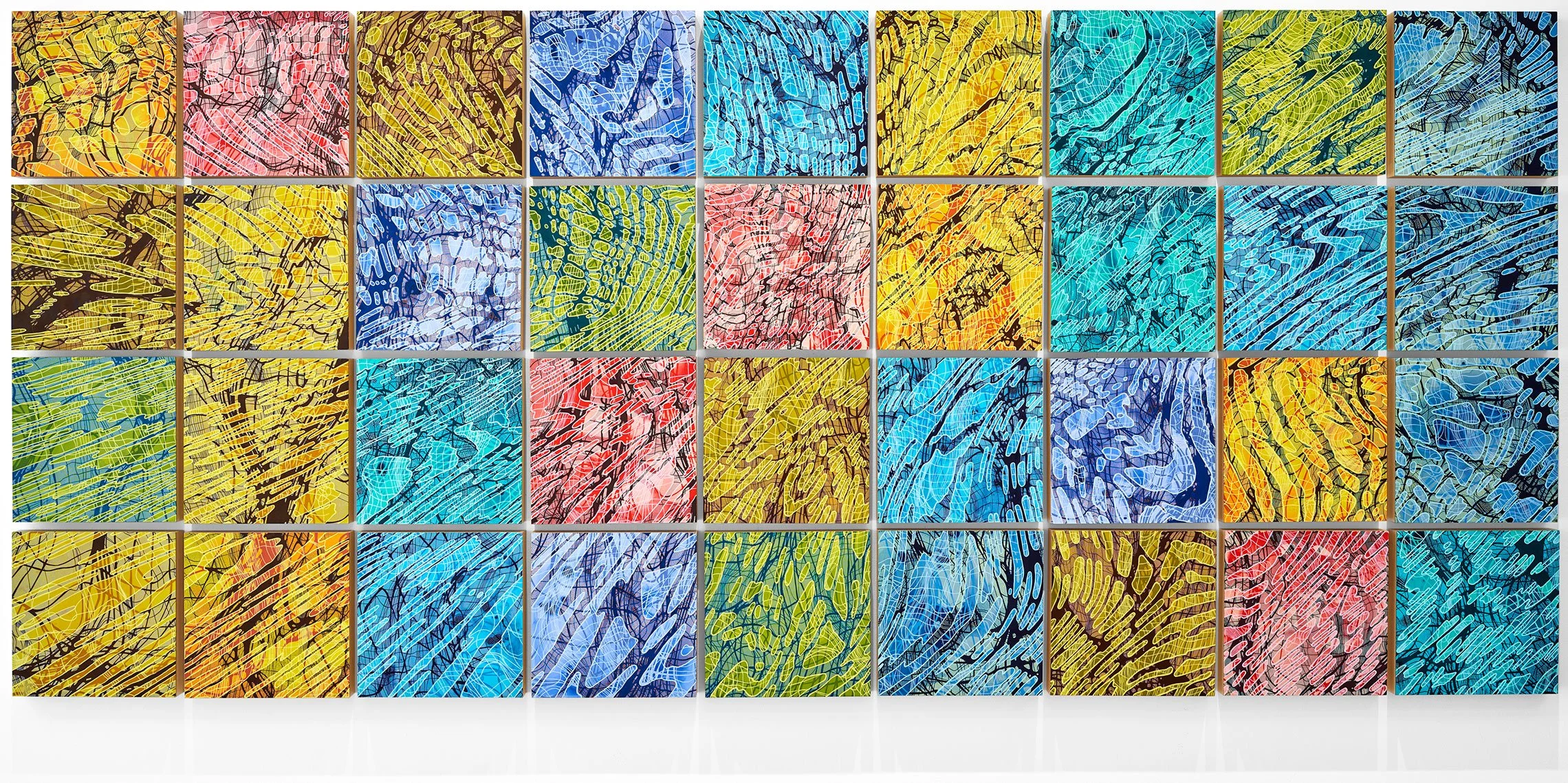 Grid of small abstract paintings, in various colors