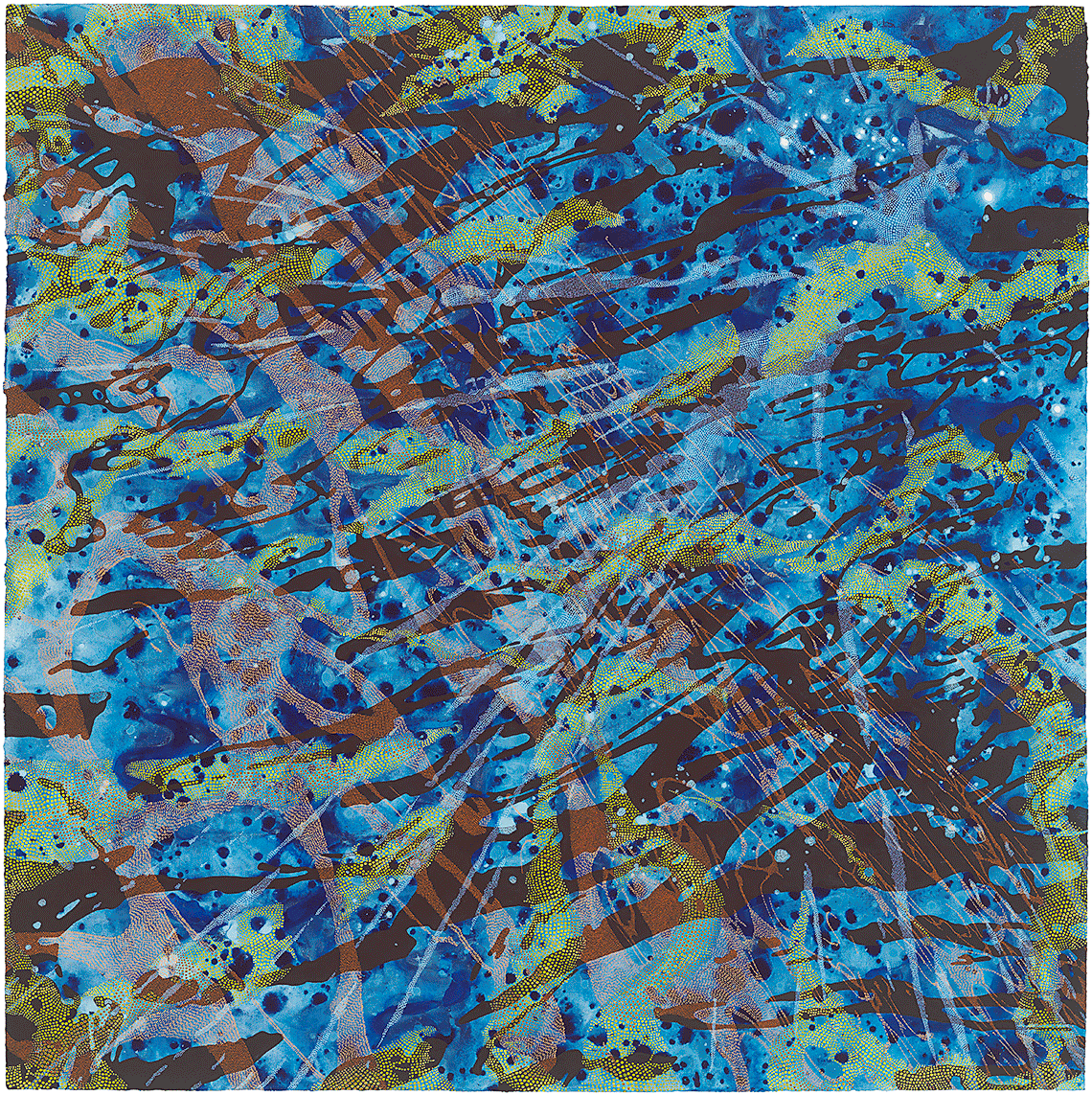 abstract painting with patterns and dots in blue, yellow and orange