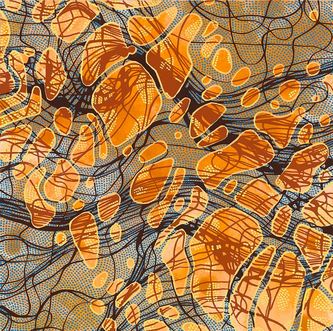 abstract painting with a network lines passing through amorphous openings, orang background with blue and rust lines, and yellow and blue dots