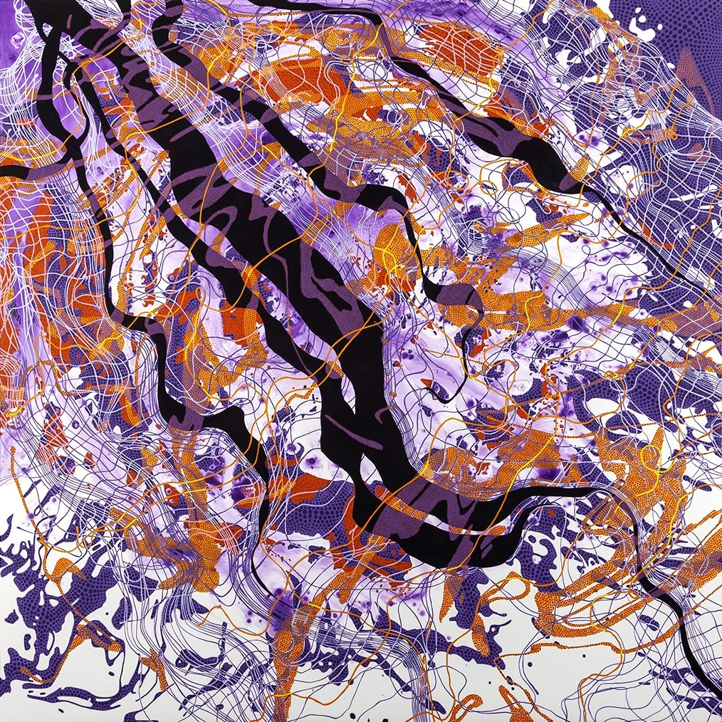 Abstract painting with swirling lines and dots in purplies, with orange and red highlights
