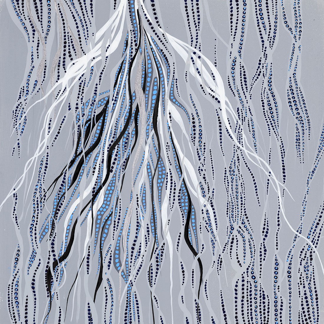 Abstract painting with thread-like pattern in silver, gray, black, blue, and white strings and dots