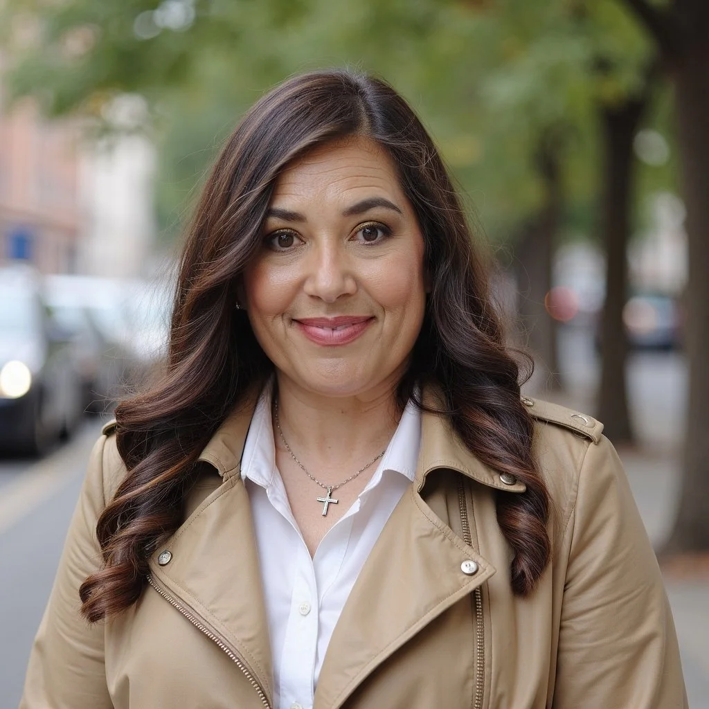 A woman with long dark hair wearing a beige jacket and white shirt, smiling outdoors on a city street.