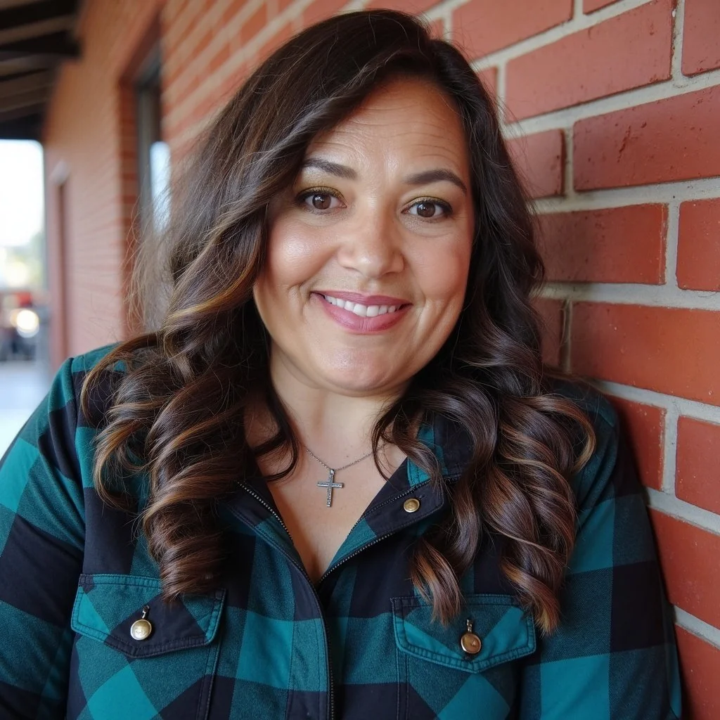 A woman with long, wavy brown hair smiling and wearing a cross necklace and a green and black plaid shirt, standing against a brick wall.