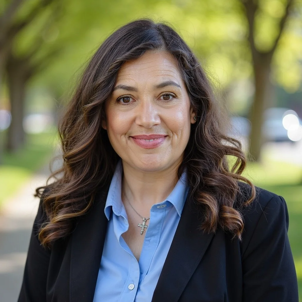 Portrait of a woman with wavy dark brown hair wearing a light blue collared shirt and a black blazer, smiling outdoors with green trees and blurred background.