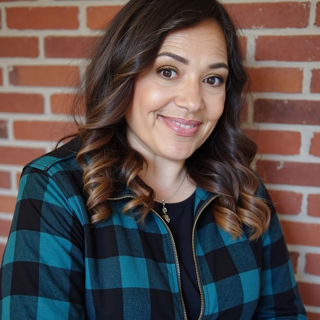 A woman with dark wavy hair, wearing a black and blue plaid jacket, smiling, against a brick wall background.