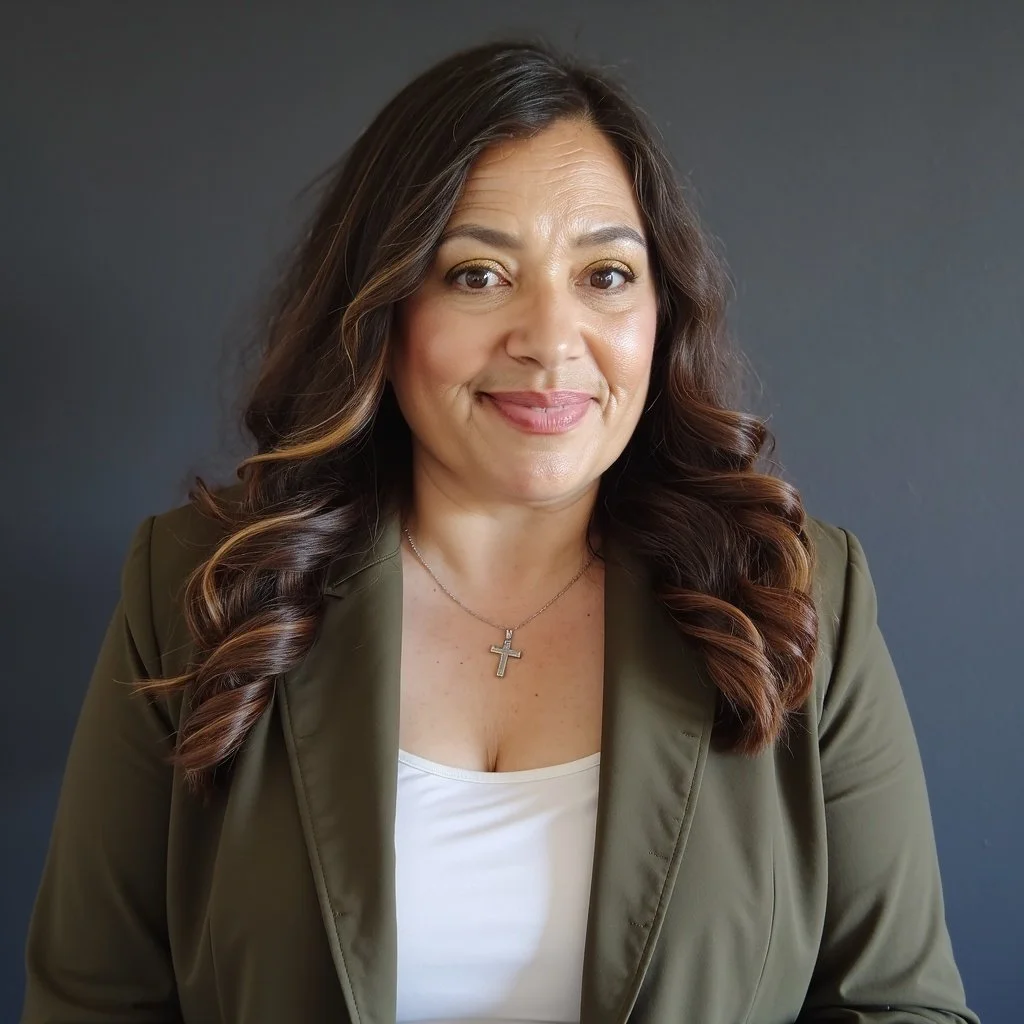 A woman with long, curly brown hair and light makeup, smiling in front of a dark gray background, wearing a green blazer over a white top and a cross necklace.