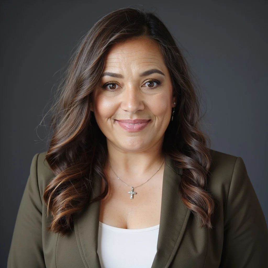 A woman with long wavy dark brown hair and brown eyes smiling at the camera, wearing a dark green blazer and a white top, against a dark gray background.