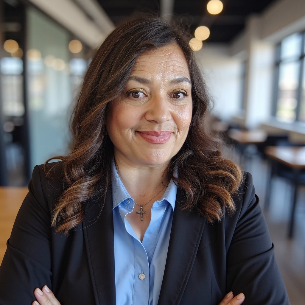 A woman in business attire sitting with arms crossed at a table in a well-lit café or restaurant.