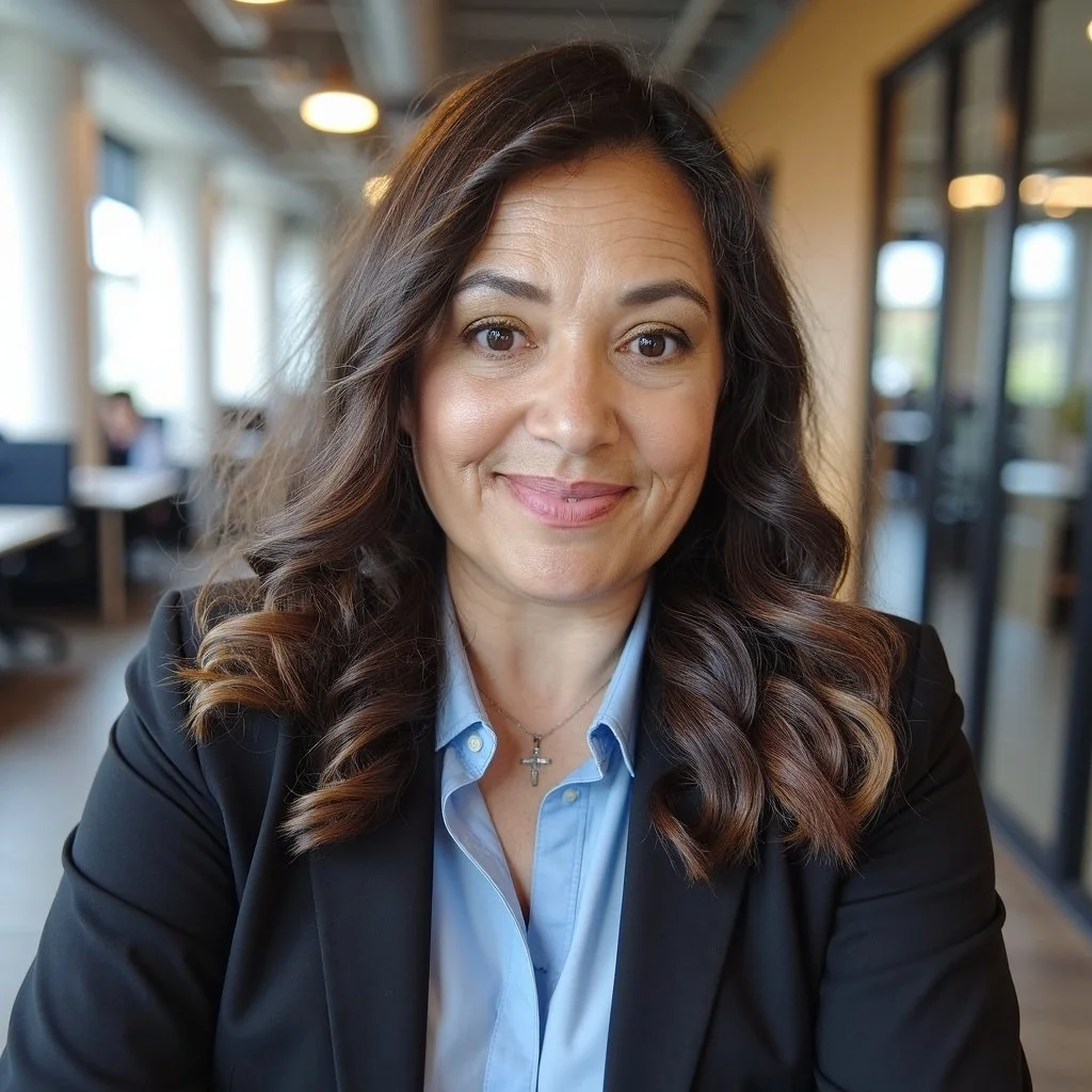 A woman with wavy brown hair and light makeup smiling, sitting in a modern office or cafe with large windows, wearing a black blazer over a light blue shirt and a cross necklace.