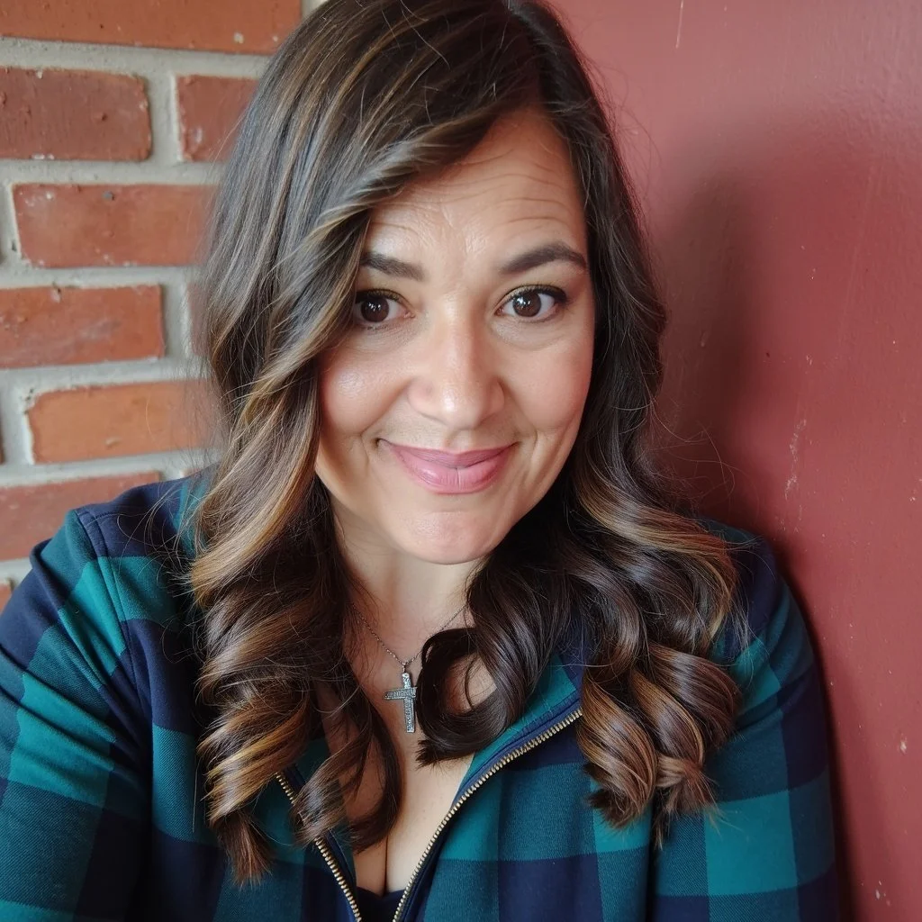 A woman with long, wavy brown hair and light skin smiling at the camera, wearing a blue and green plaid shirt, sitting against a brick wall and a red wall background.