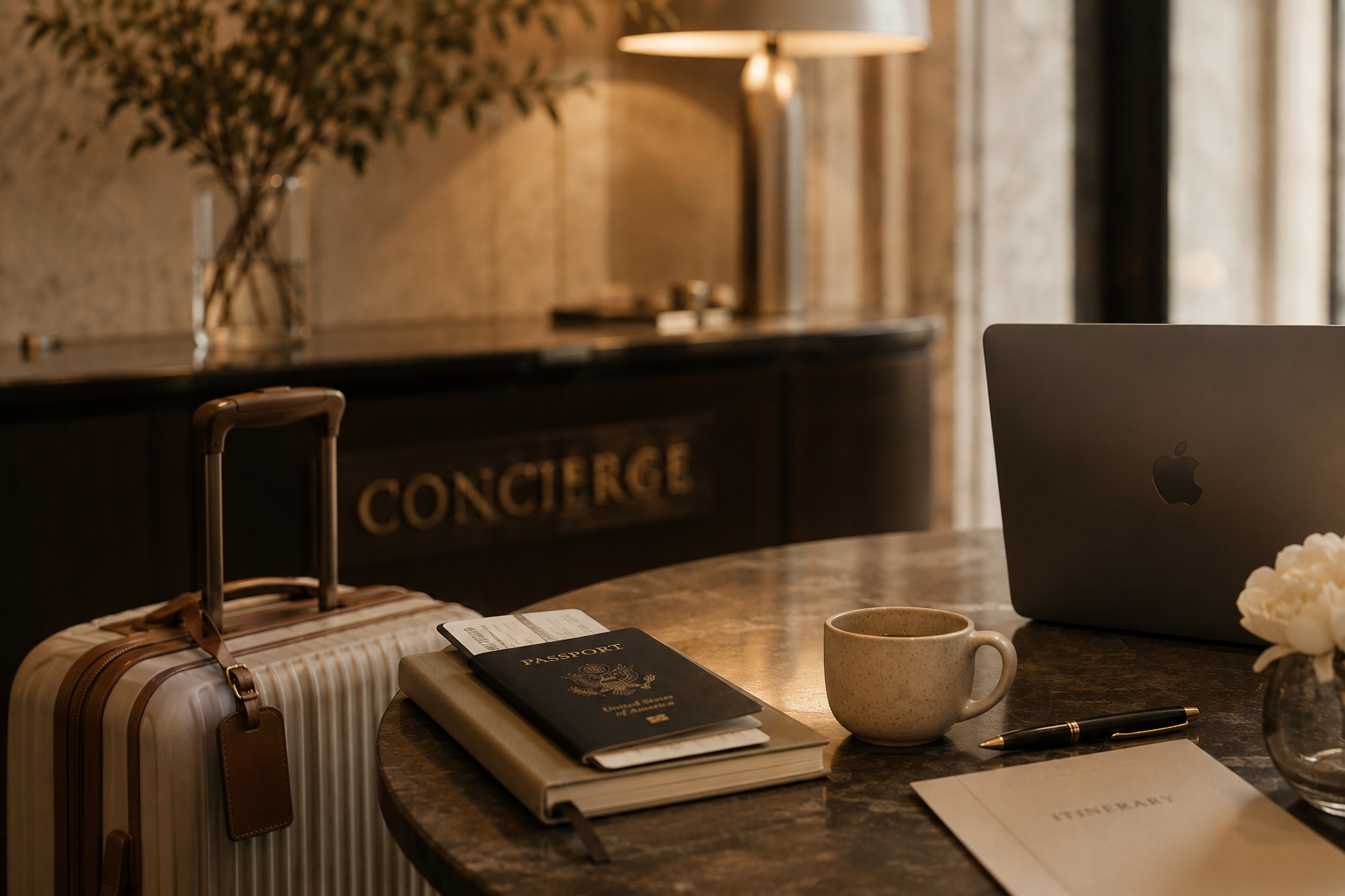 Hotel concierge desk with a small striped suitcase, a US passport, travel documents, a cup of coffee, a pen, a laptop, and a flower arrangement on a marble table.