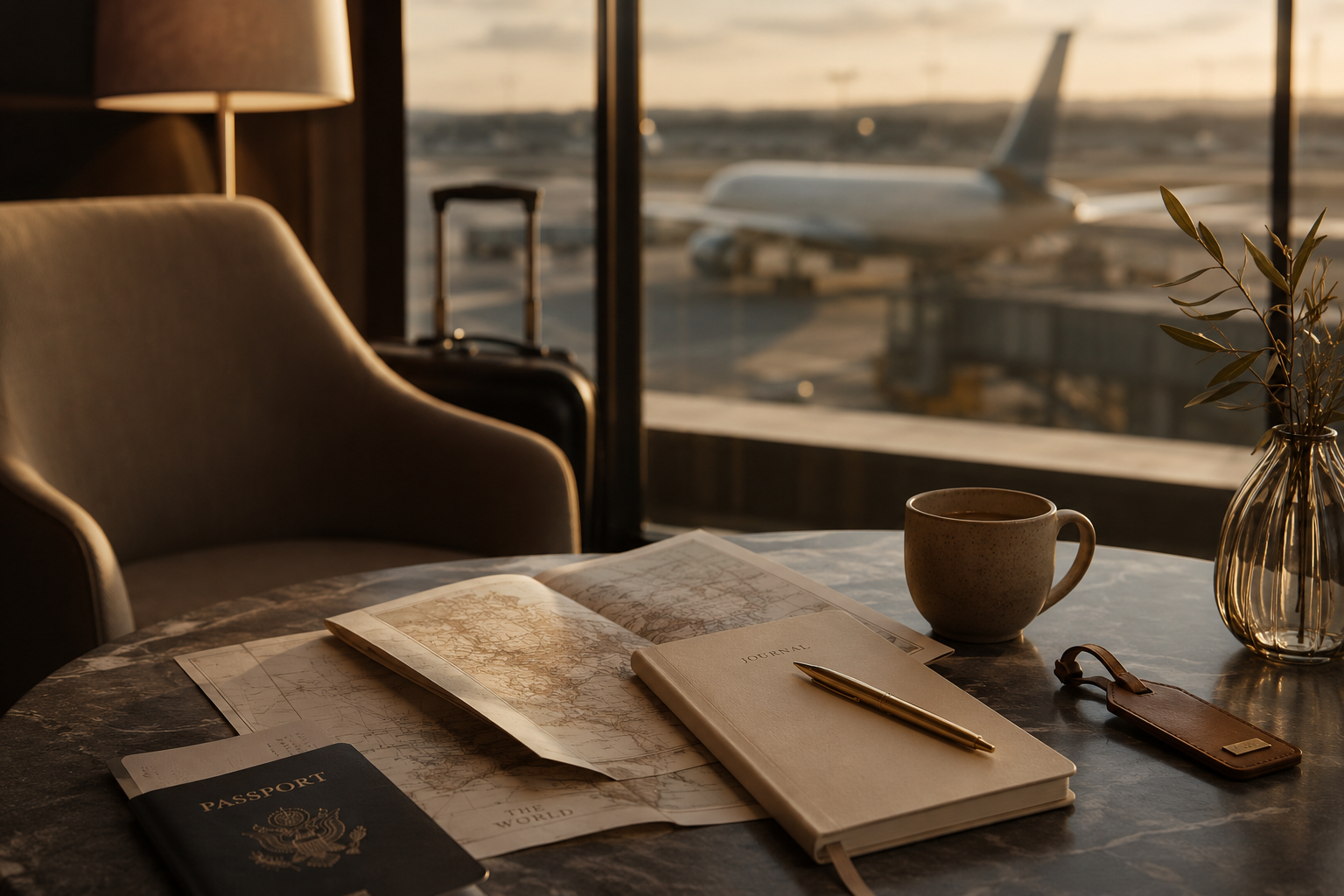Travel documents and a cup on a table in an airport lounge with an airplane outside the window at sunset.