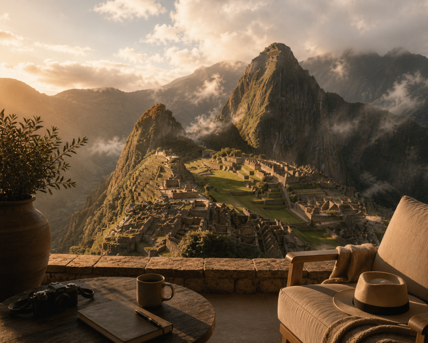 A cozy balcony with a potted plant, a camera, a cup of coffee, a notebook, and a hat on a chair, overlooking Machu Picchu in the mountains at sunset.