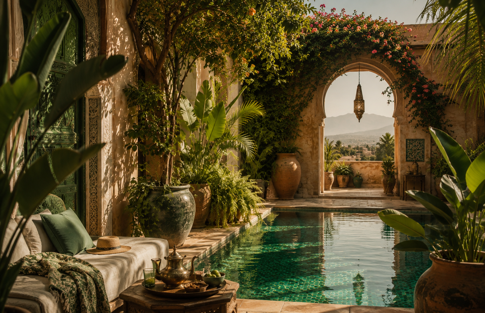 A tranquil courtyard with a swimming pool, lush potted plants, and a decorative arch overlooking mountains in the distance. There is a beige cushioned bench with green pillows and a hat, and a small table with a teapot and bowls of fruit, bathed in warm sunlight.