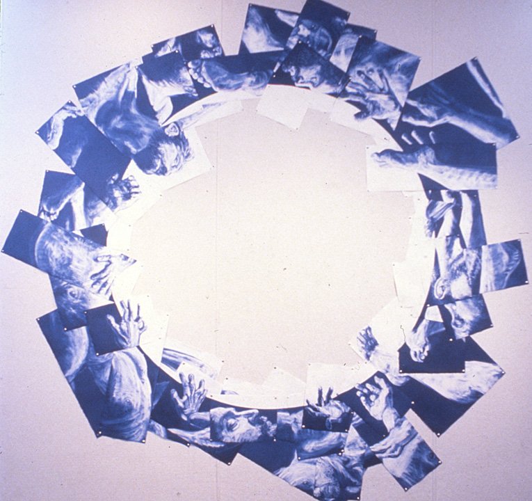 Untitled (self portrait), 1994, installation of 36 monoprints, 96 diameter