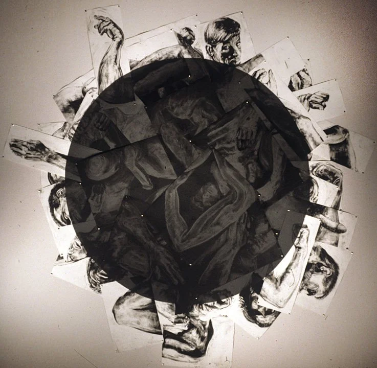 Untitled (black circle), 1994, installation of 36 monoprints, 96 diameter