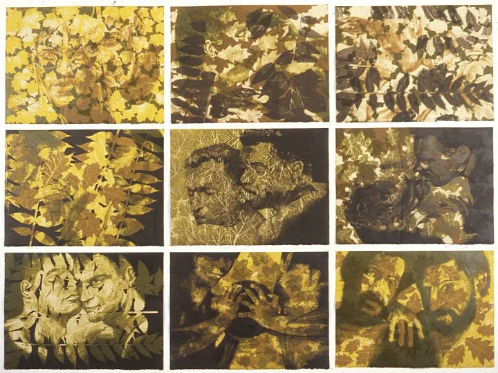 Untitled (couples in leaves), 1993, 9 monoprints, 22 x 30 each
