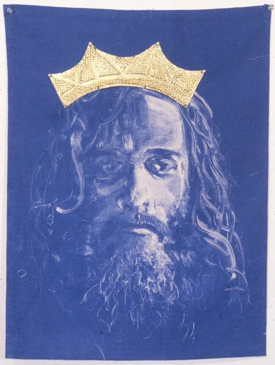Untitled (portrait with crown), 1995, monoprint on linen with metal, 30 x 22
