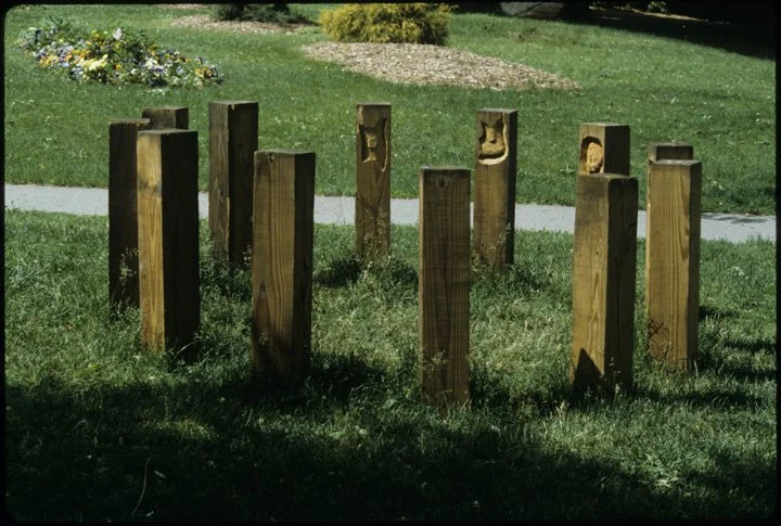 Personal Space, 1992, installation of carved wooden posts at Lafayette Park, Albany, 72 diameter