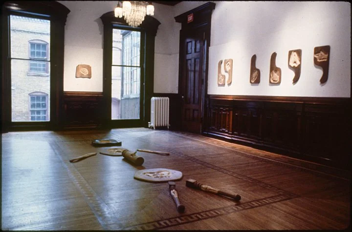 Installation of wood carvings at RCCA, Troy, 1991
