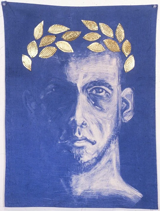 Untitled (portrait with laurel wreath), 1995, monoprint on linen with metal, 30 x 22