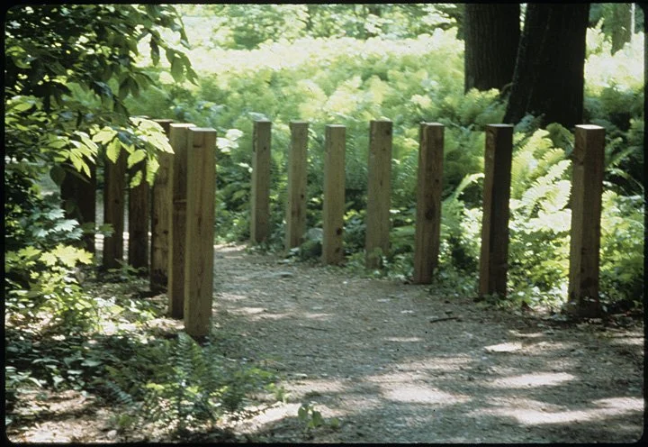Path, 1992, installation of carved wooden posts at Chesterwood