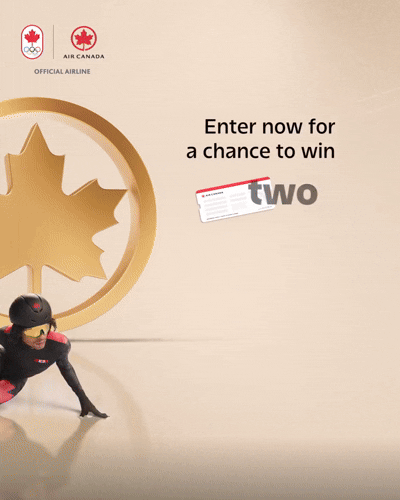 An advertisement featuring the Olympic and Air Canada logos with a gold medal and a person in a black and pink sports uniform skating, alongside text promoting a chance to win a prize.