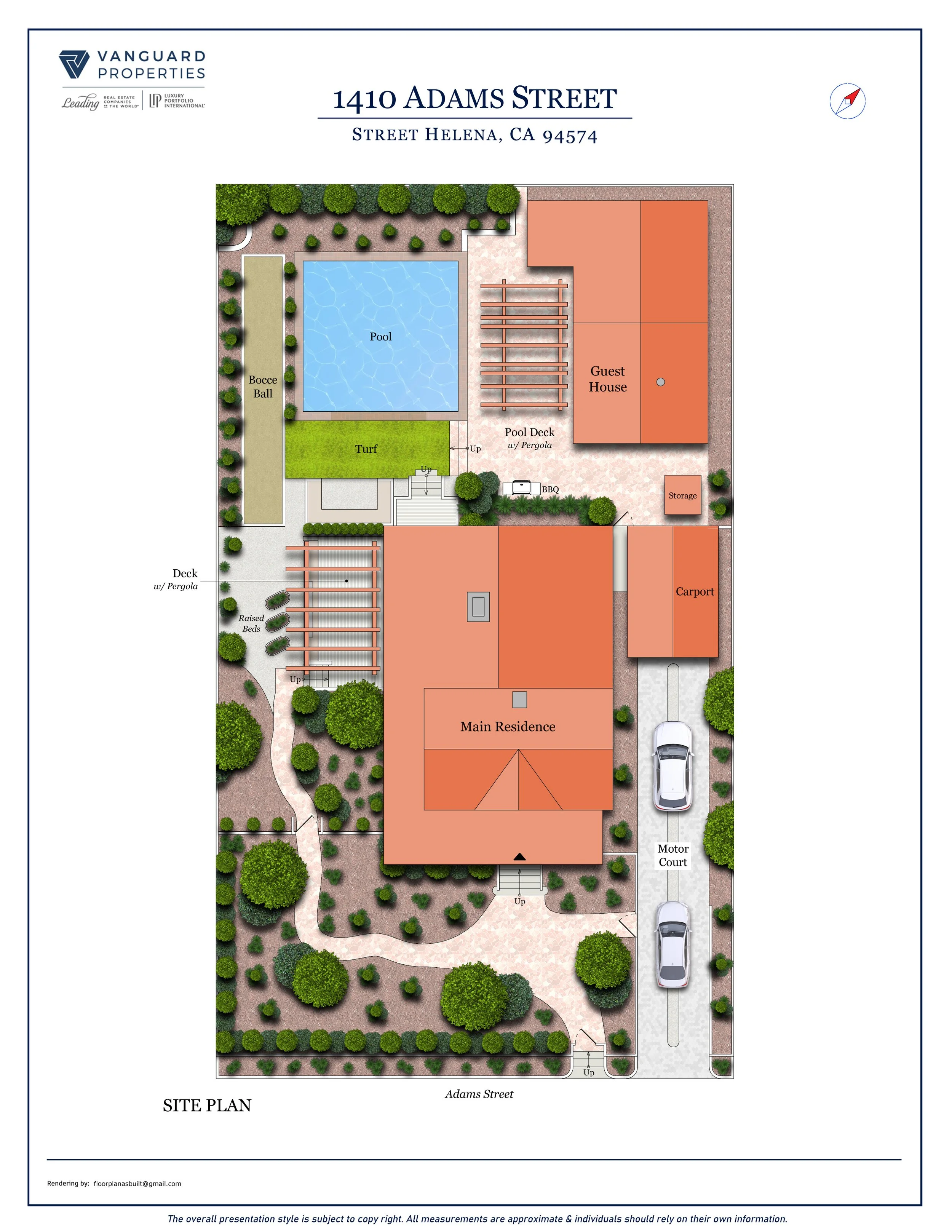 Site plan for a property located at 1410 Adams Street in Helena, California. The plan includes a main residence, guest house, pool with deck and pergola, a bocce ball court, turf area, a parking area with a carport, a motor court, a deck with pergola and raised beds, landscaped with trees and bushes, pathways, stairs, and a storage shed. Labels identify the areas and features within the property.