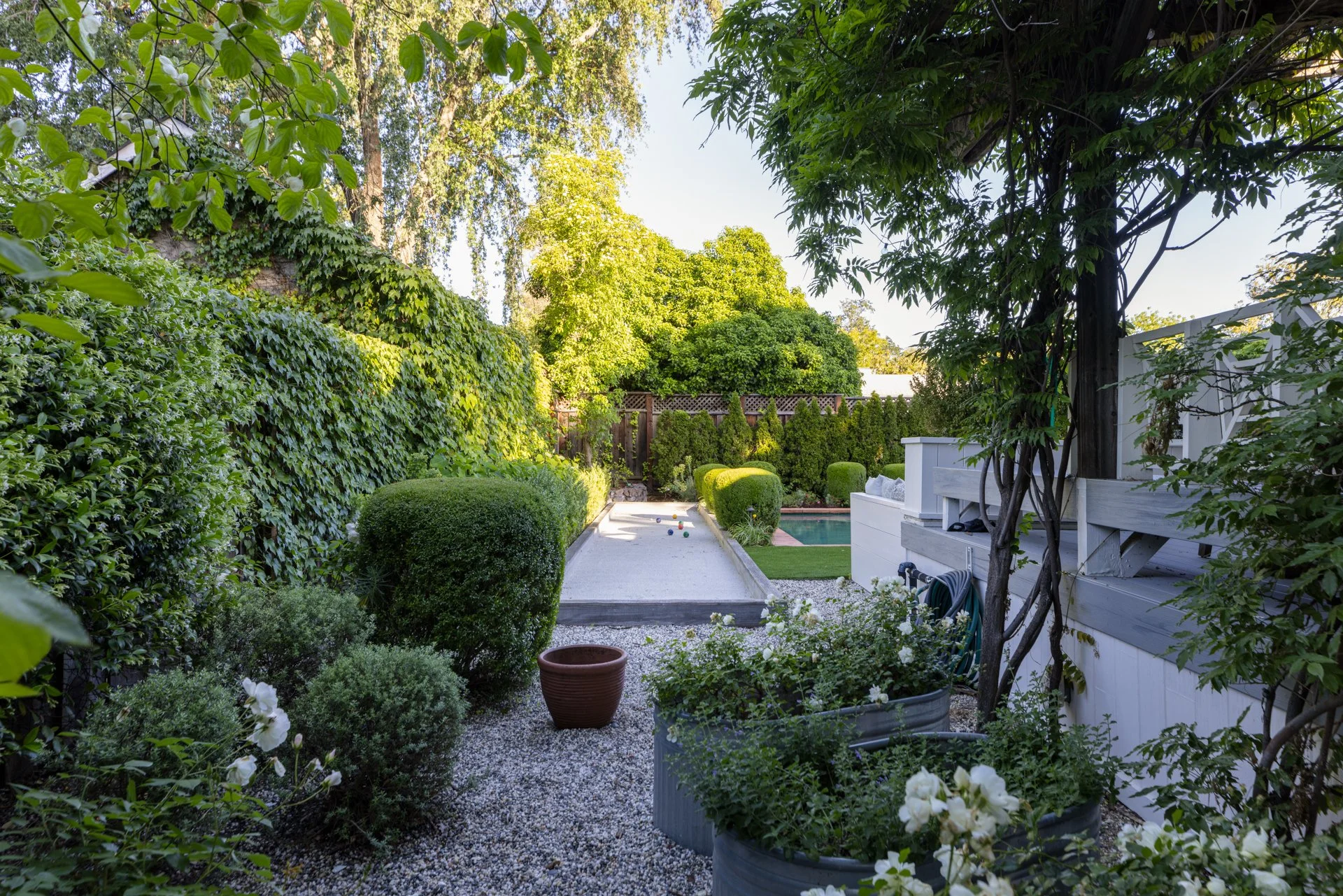 A lush backyard garden with various green shrubs, trees, and plants. A small pond or pool is visible in the background, along with a fenced area. The scene is shaded by trees and foliage, creating a serene outdoor space.