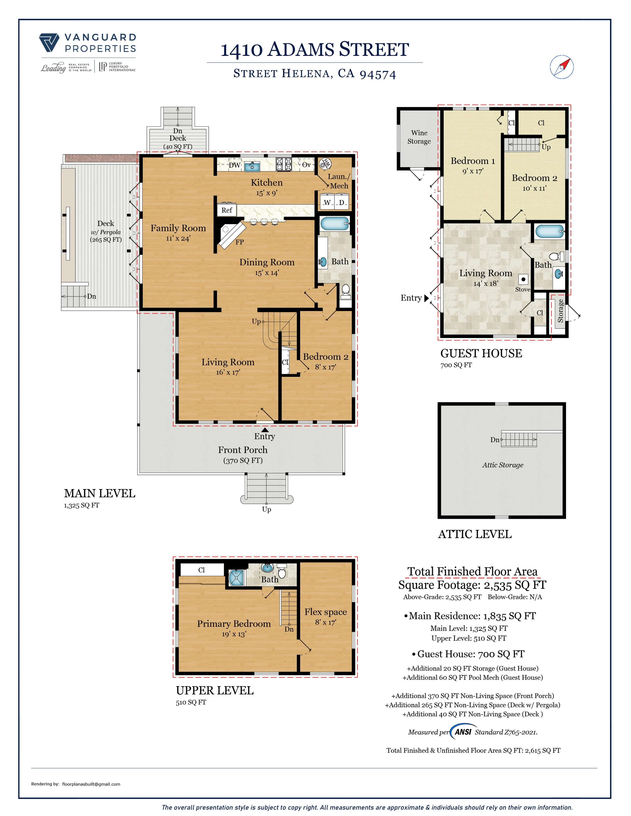 Floor plan of a residence located at 1410 Adams Street, Street Helena, CA 94574, showing the main level, attic level, and guest house, with rooms labeled and dimensions provided.