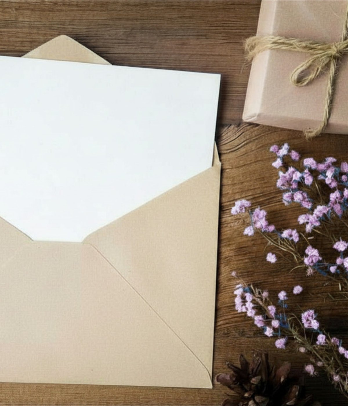 A beige envelope with a card inside, a small wrapped gift with a bow, and purple dried flowers on a wooden surface.
