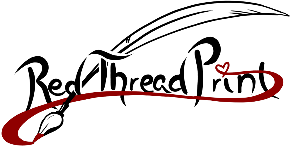 Black handwritten text reading "Red Thread Print" with a red line running underneath, ending in a small heart.