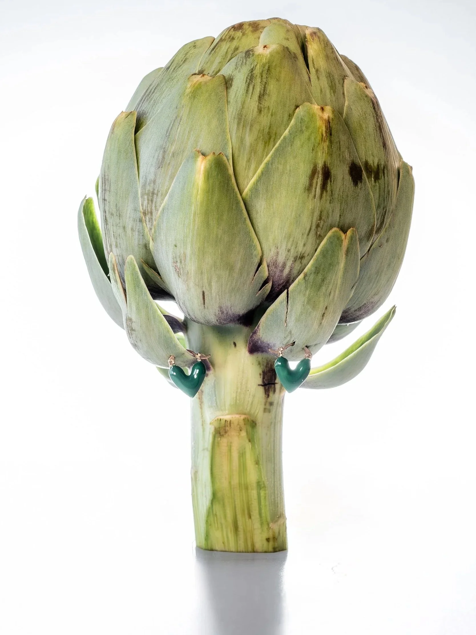 Eine Artischocke, die in die Höhe wächst, mit grünen Herzohrringen, die an der Knospe hängen.