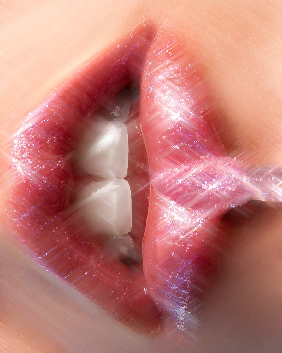 Nahaufnahme von aufgeschürzten roten Lippen mit weißen Zähnen, funkelnder Glitzer- und Lichteffekte