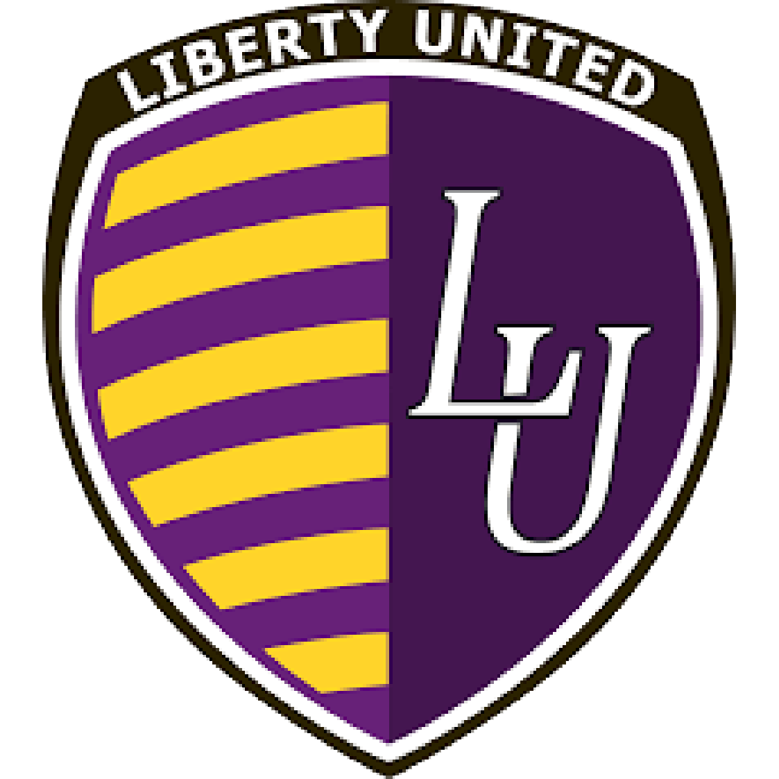 The Liberty University logo featuring a purple shield with gold stripes on the left and the letters 'LU' on the right, with a white border and the words 'LIBERTY UNITED' at the top.