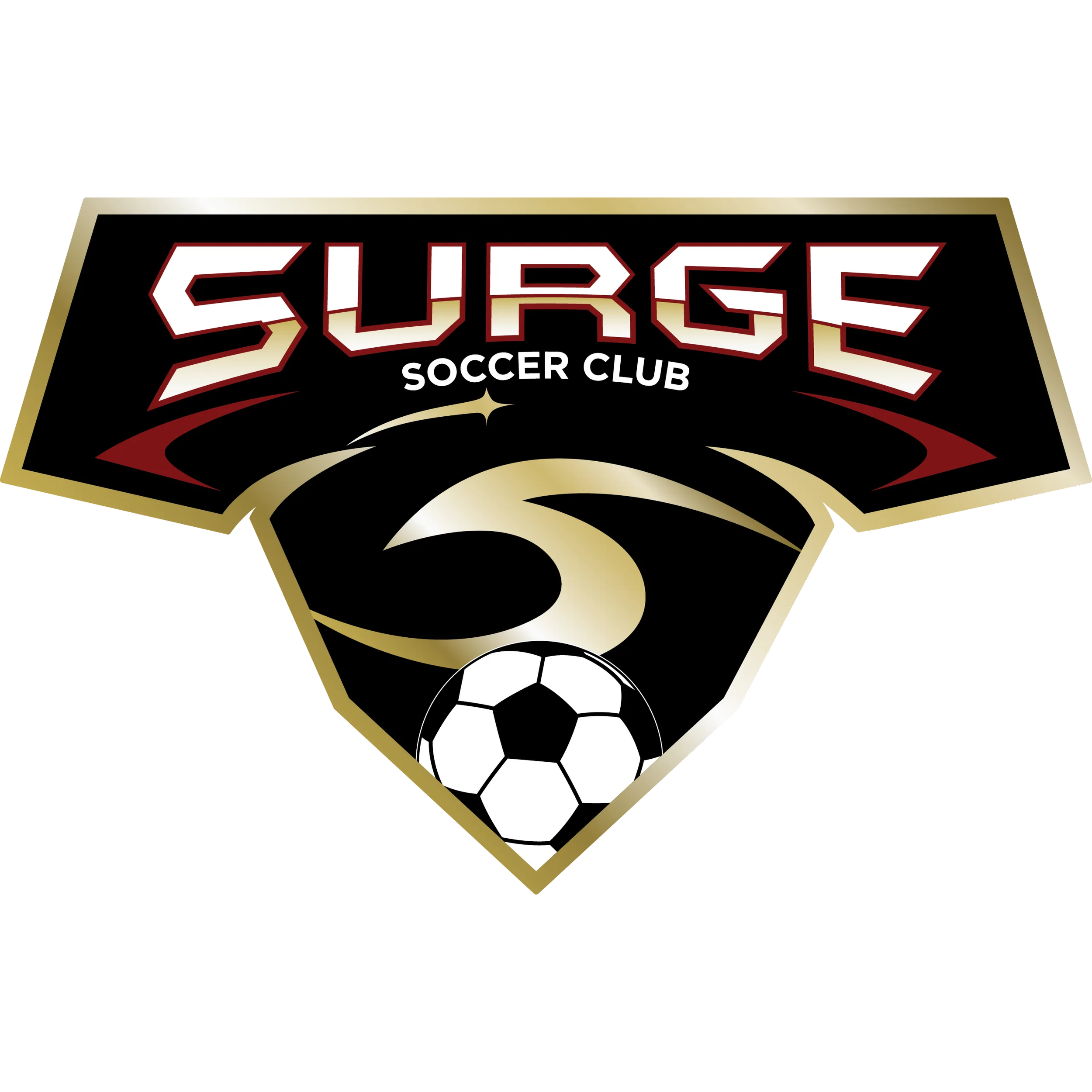 Logo of a soccer club with a black shield, gold border, and a stylized soccer ball at the bottom. The name 'SUBE' is in large red and white letters, with 'SOCCER CLUB' written below in smaller white text.