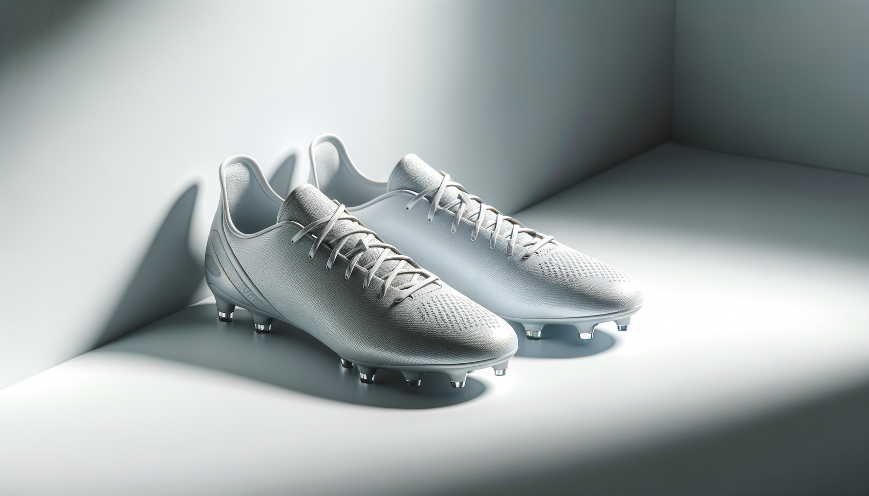 A pair of white soccer cleats on a light surface with a bright background.