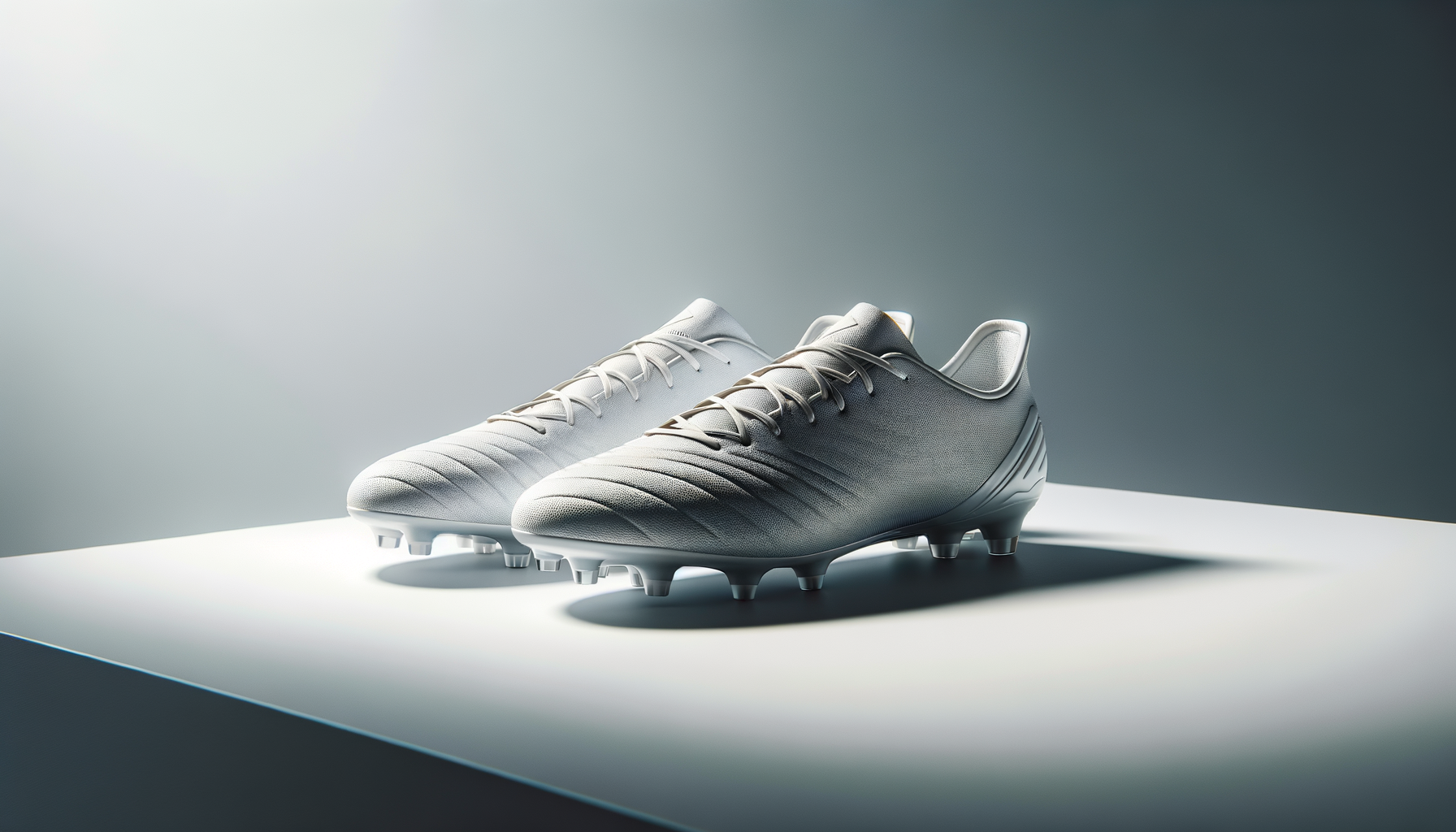 Pair of modern soccer cleats, one in white and the other in a light gray color, displayed on a white surface with a plain gradient background.