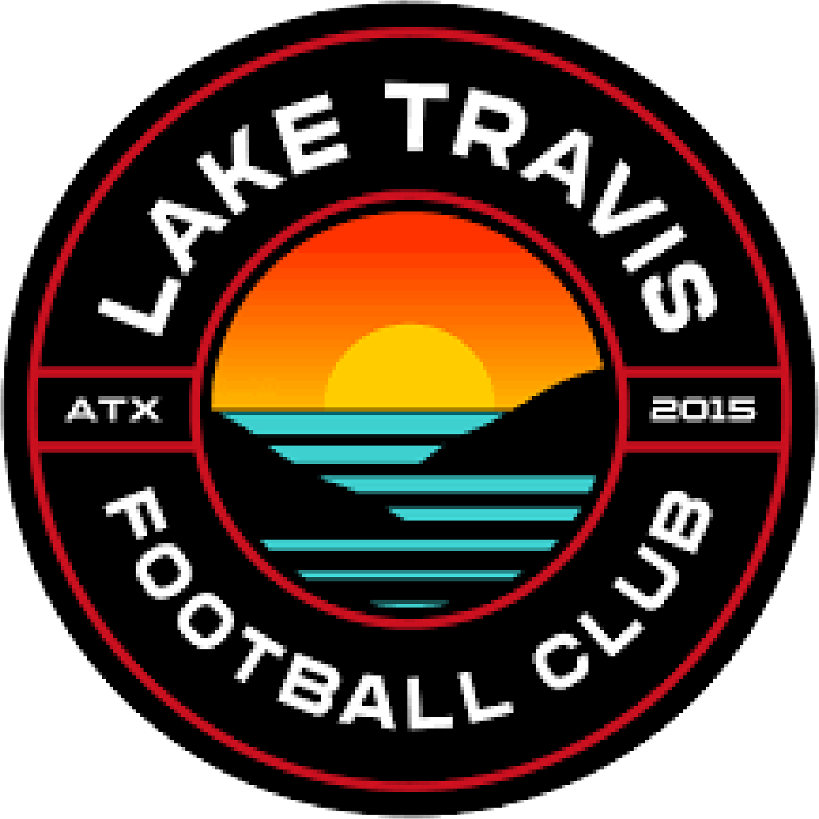 Logo of Lake Travis Football Club featuring a sunset over water with a black background, white and red text.