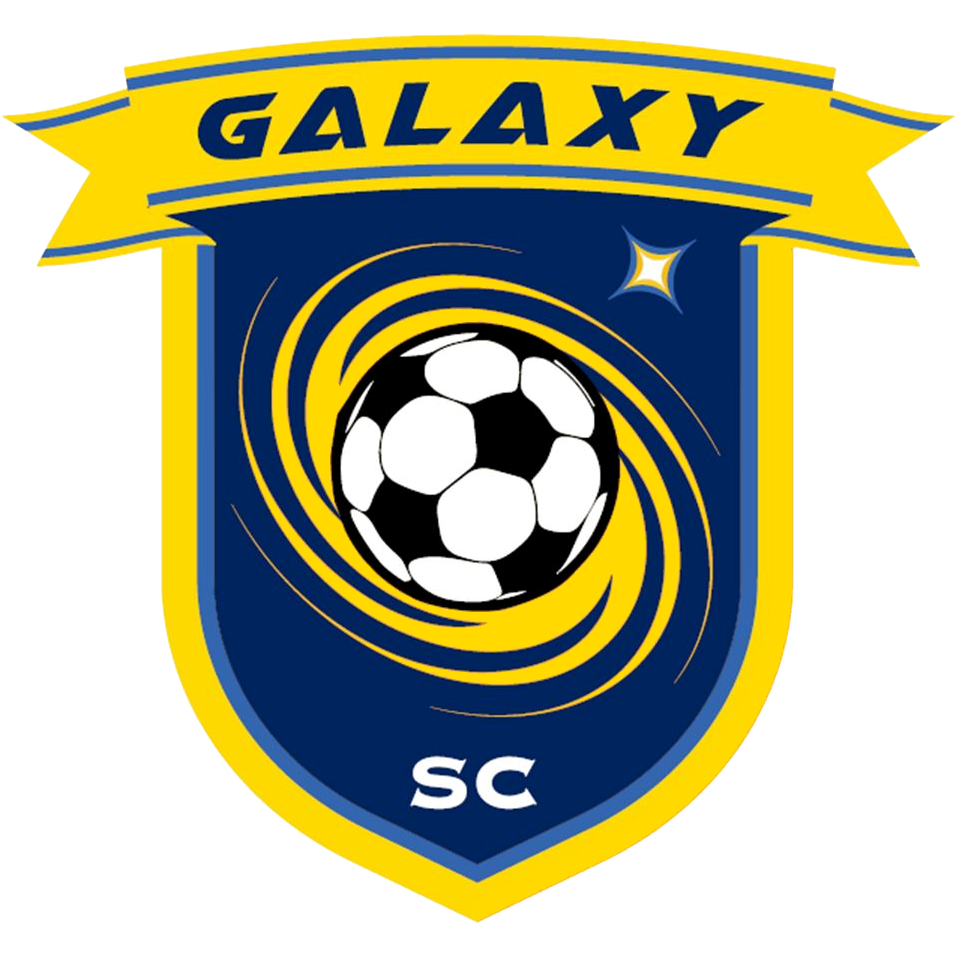 Galaxy SC soccer team logo with a black and white soccer ball swirling in a yellow and blue background, and a star in the upper right corner.