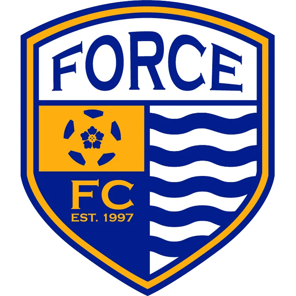 Shields of FC Dallas soccer team featuring the words 'FORCE', 'FC', and 'EST. 1997' with blue, yellow, and white colors