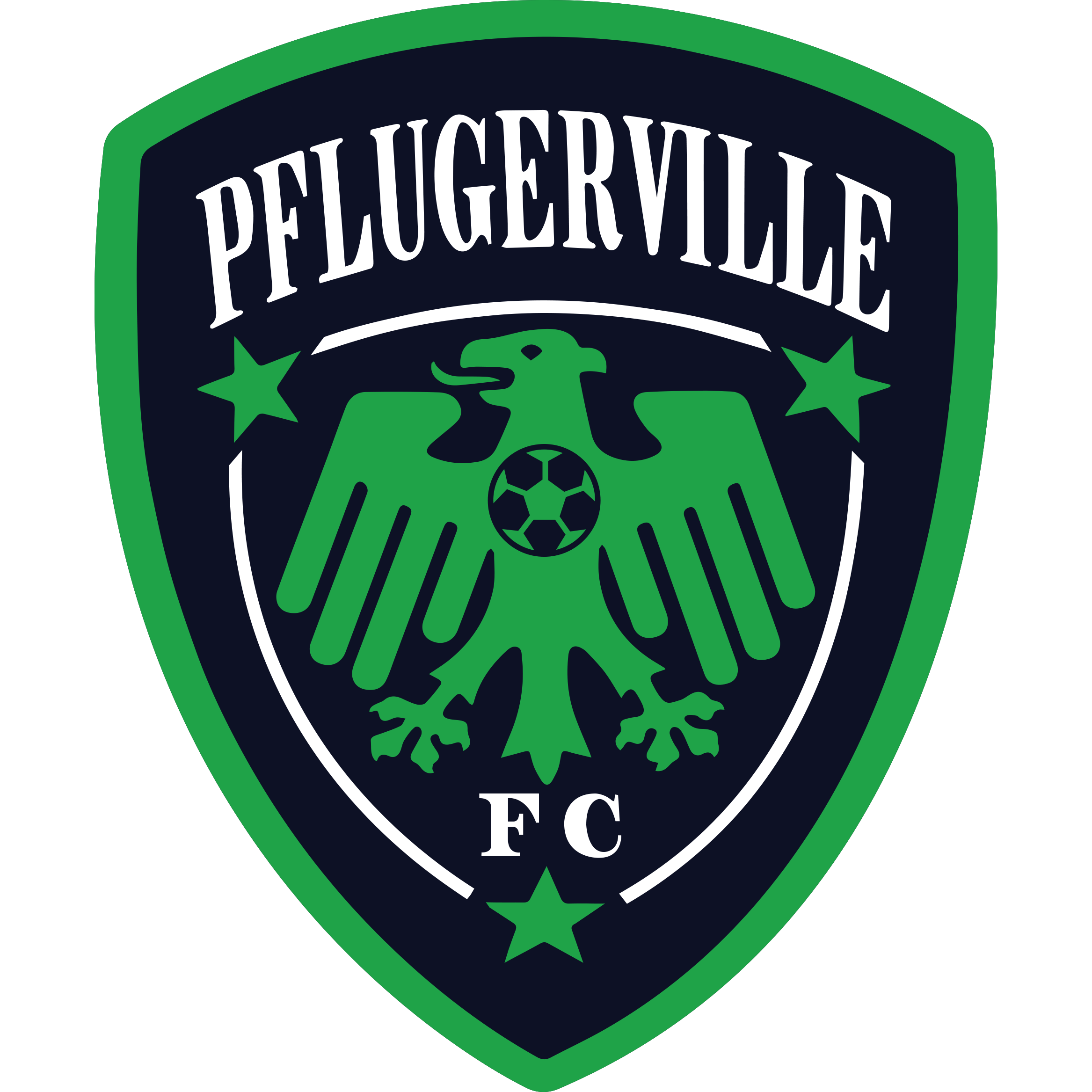 A logo with a green shield border and a black background inside, featuring a green eagle with a soccer ball on its chest and the text 'PELICKER VICE' above and 'F.C' below.