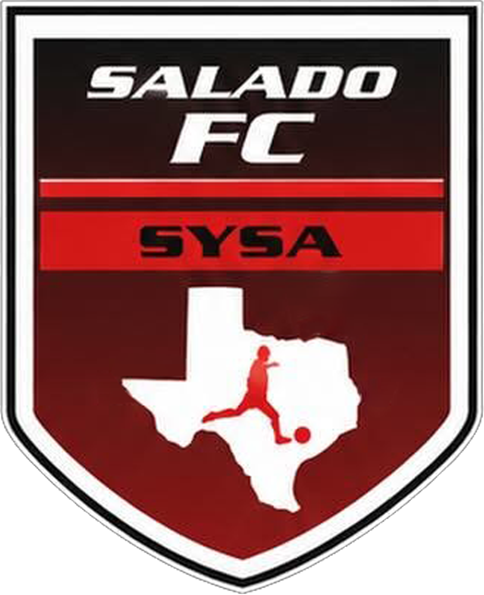 Logo for Salado FC, a soccer team in Texas, featuring a shield with the Texas state outline, a soccer player silhouette, and the words 'Salado FC' and 'SYSA'.
