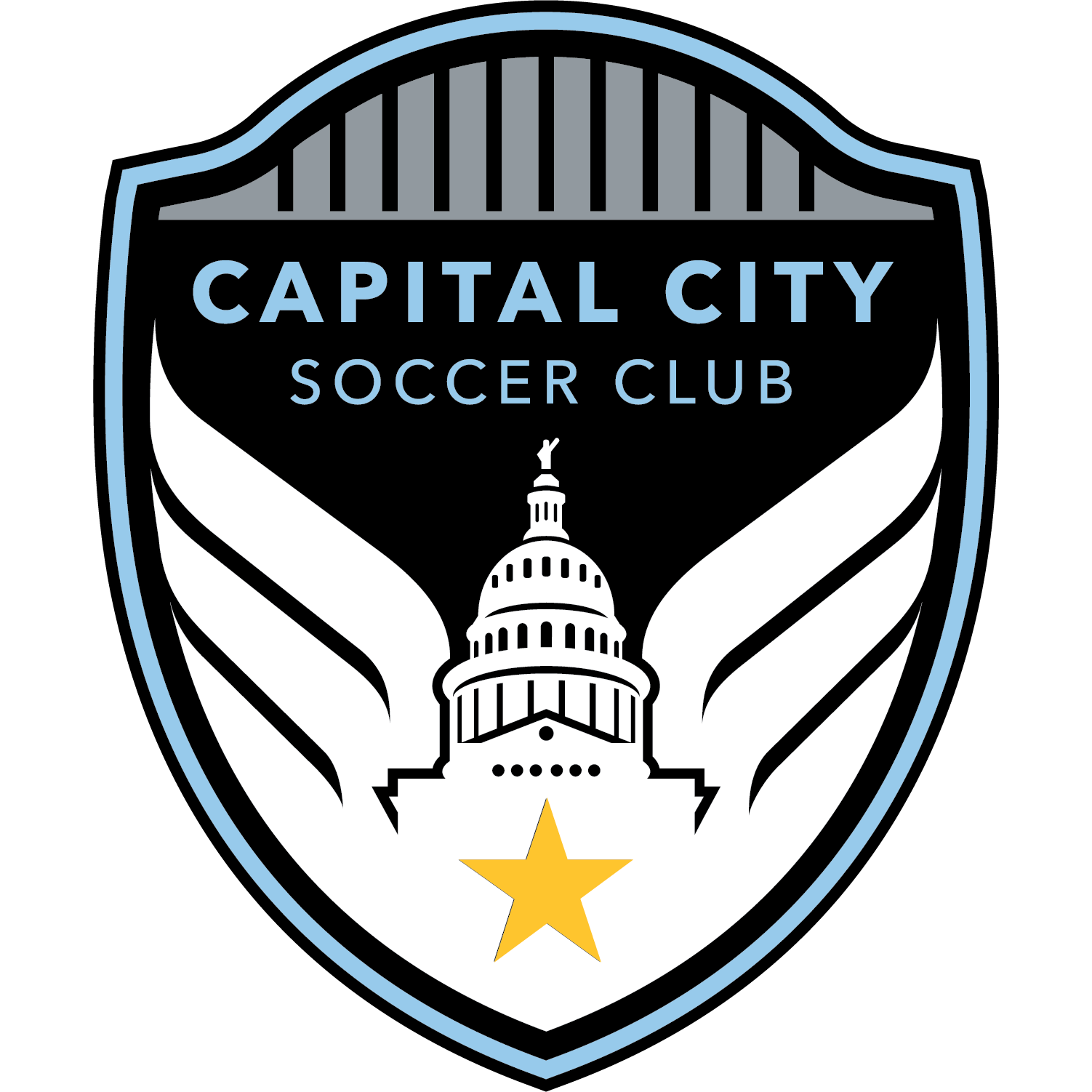 The logo of Capital City Soccer Club featuring a shield with the Capitol building in white, a gold star at the bottom, and the words 'CAPITAL CITY SOCCER CLUB' in blue text.