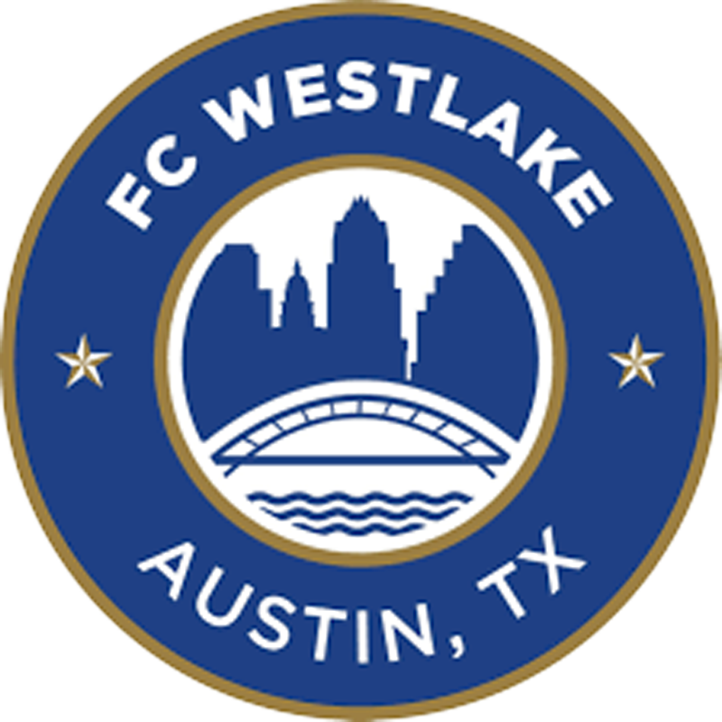 Logo for FC Westlake featuring a city skyline, bridge, and water, with text "FC Westlake Austin, TX" in a circular blue and gold design.