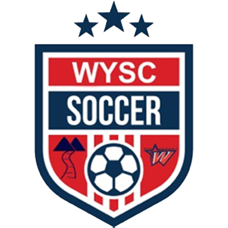 A soccer badge for WYS Soccer featuring a soccer ball, mountains, a star, and a stylized 'W' with red, white, and blue colors.