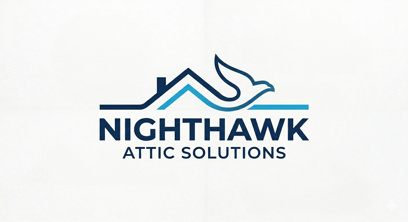 Logo for Nighthawk Attic Solutions featuring a house with a bird silhouette in dark blue and light blue, with the company name below.