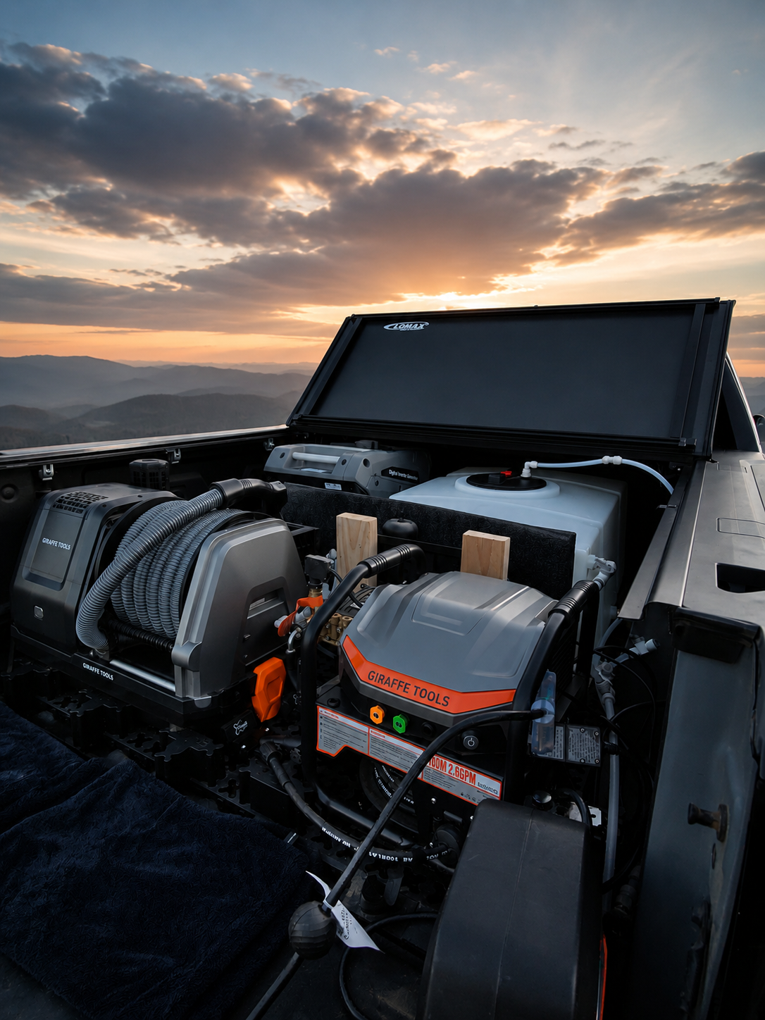 View of machinery and equipment on a vehicle bed with mountains and sunset sky in the background.